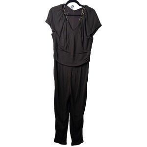 Escada Size L Gold Chain Link V-Neck Brown Jumpsuit Short Sleeve Designer C12